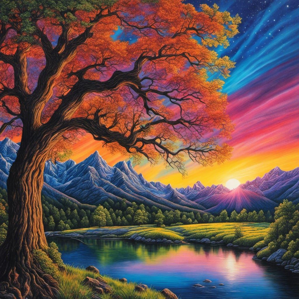 Colorful Oak Tree Blacklight Painting with Sunrise