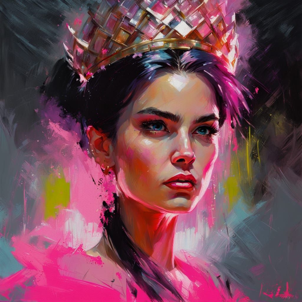 Angry Princess Portrait in Neon Blacklight Style