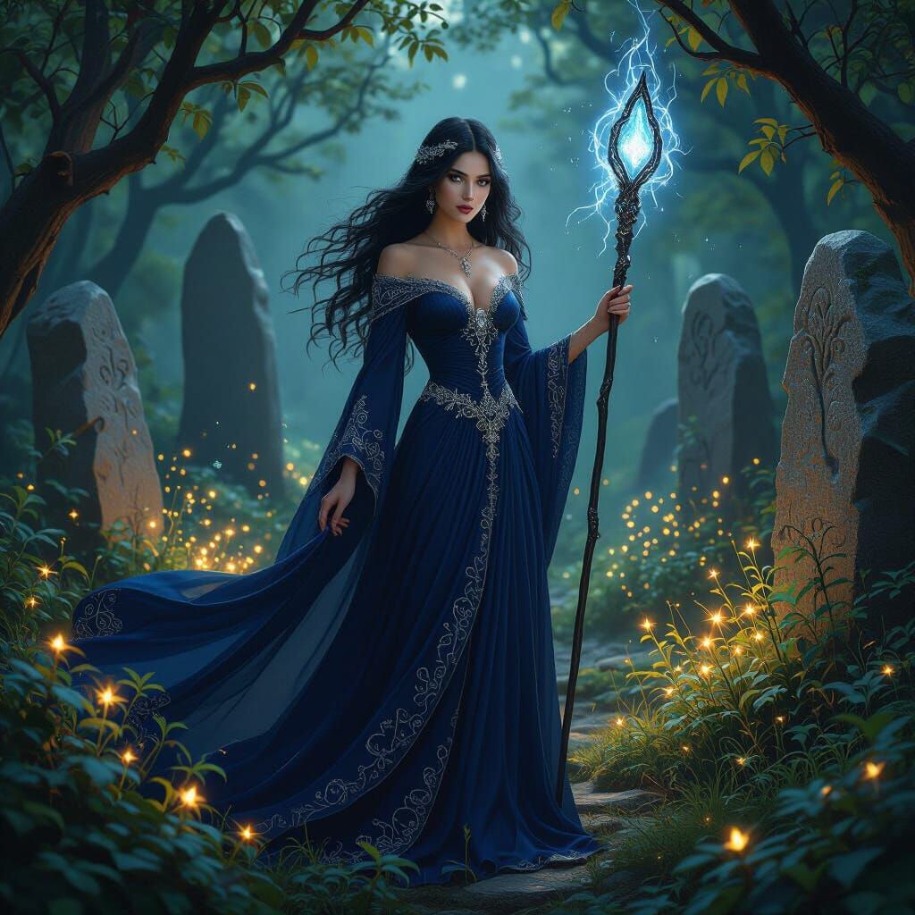 Mysterious Sorceress in Glowing Grove, Art Nouveau Style