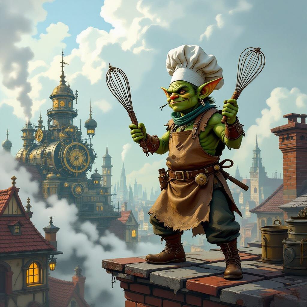 Goblin Chef on Rooftop Overlooking Steampunk City