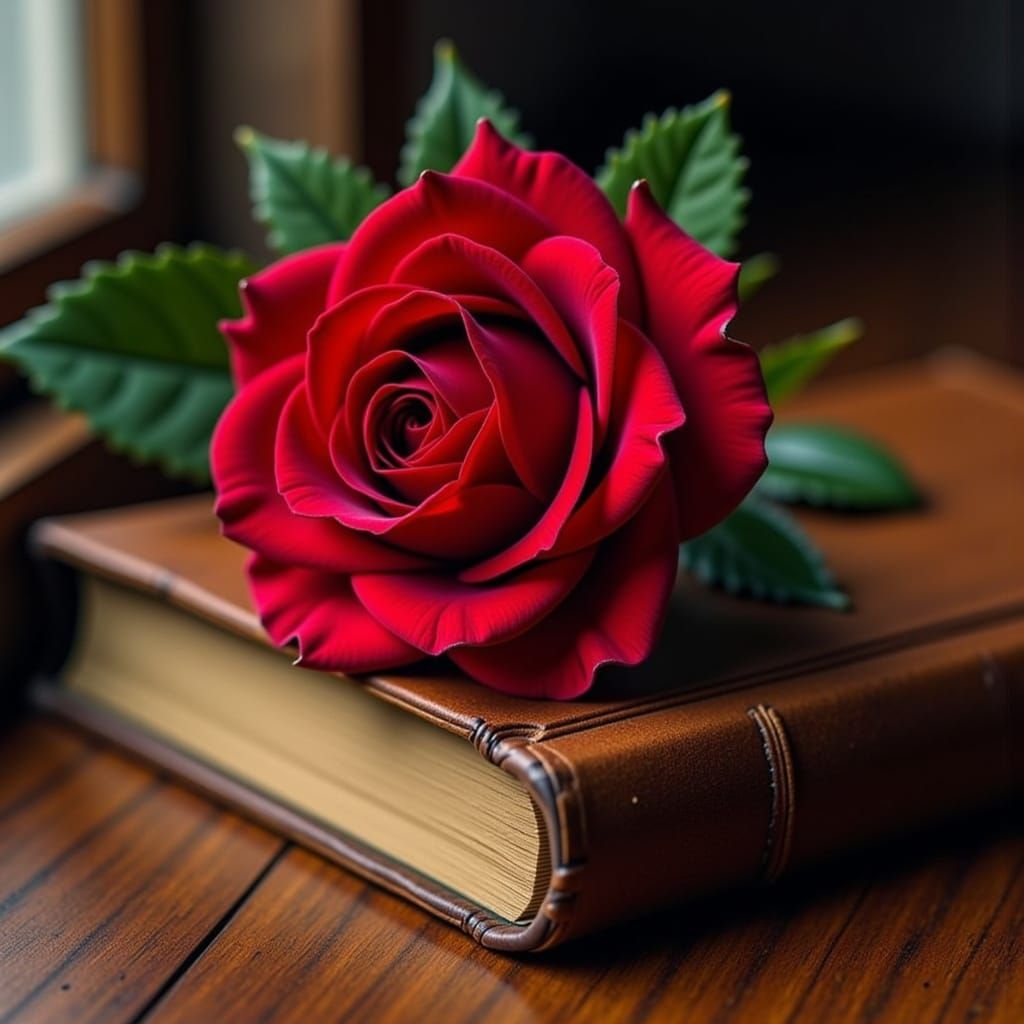 Hyperrealistic Red Rose on Old Book