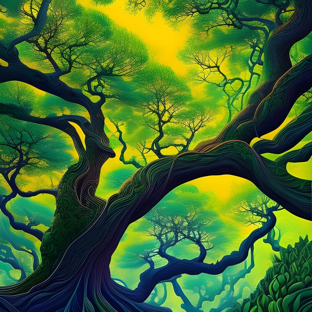 Intricate Trees in Fluid Gouache Style