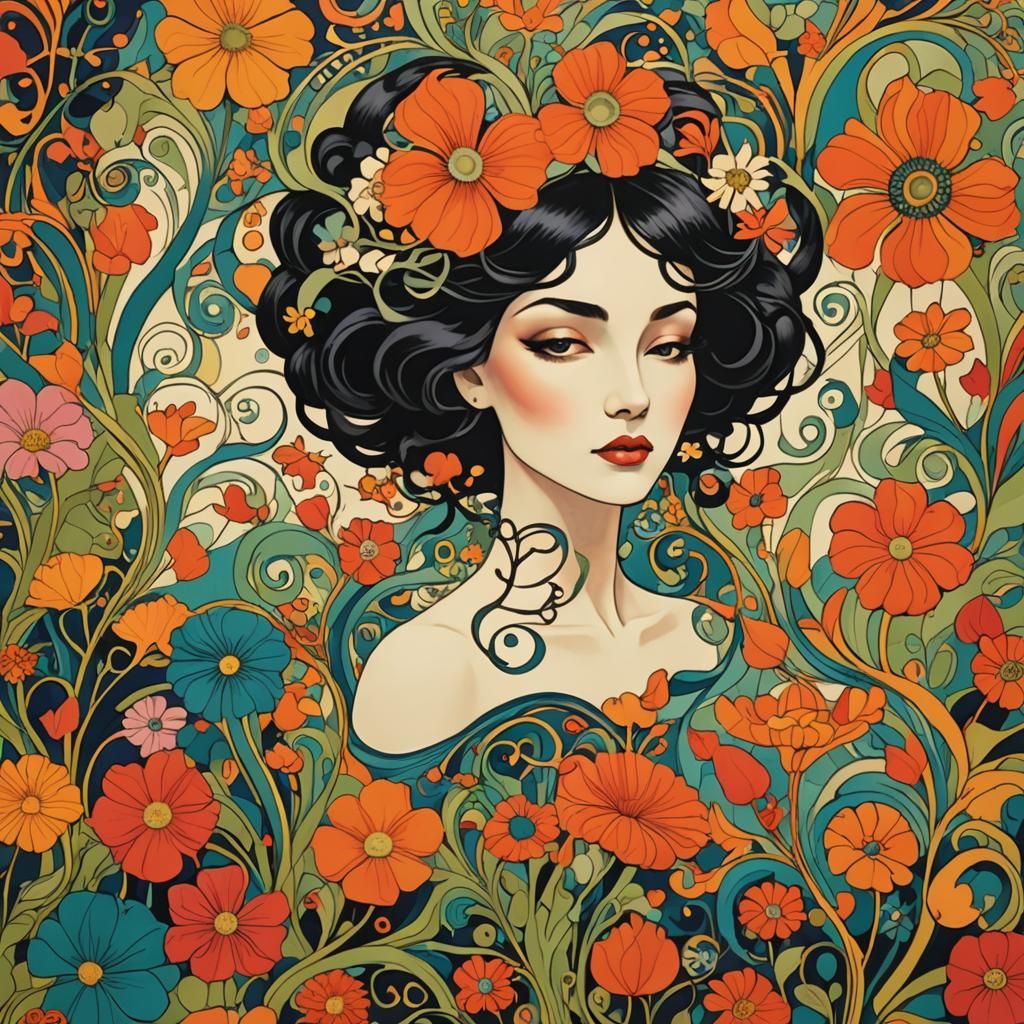 Psychedelic Art Nouveau Floral Design with Abstract Forms