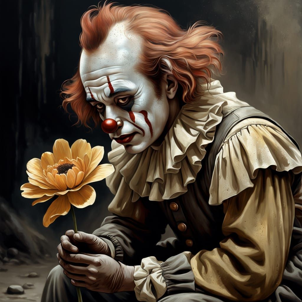 Melancholy Clown Portrait with Pigment Flower