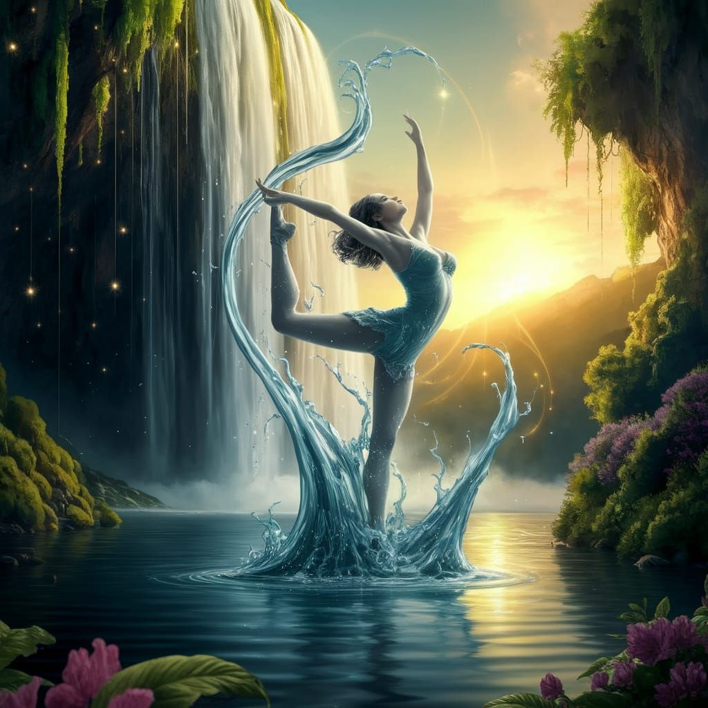 Ethereal Waterfall Dancer in Whimsical Sunset