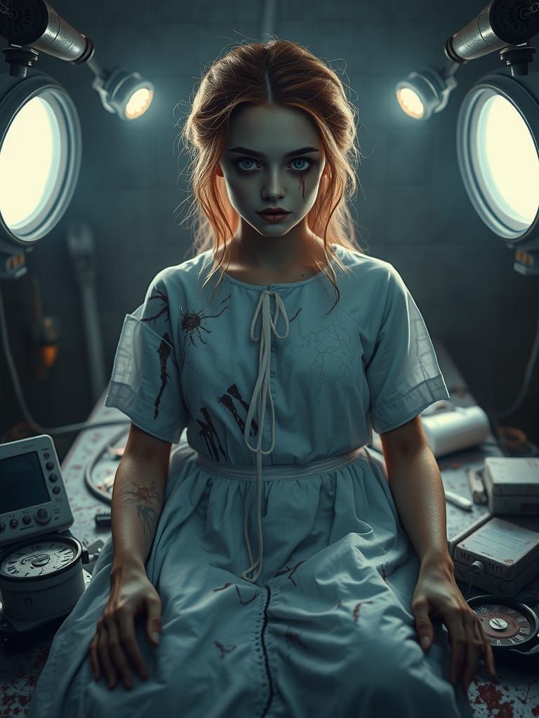 Porcelain Woman with Surgical Scars in Gothic Horror Style