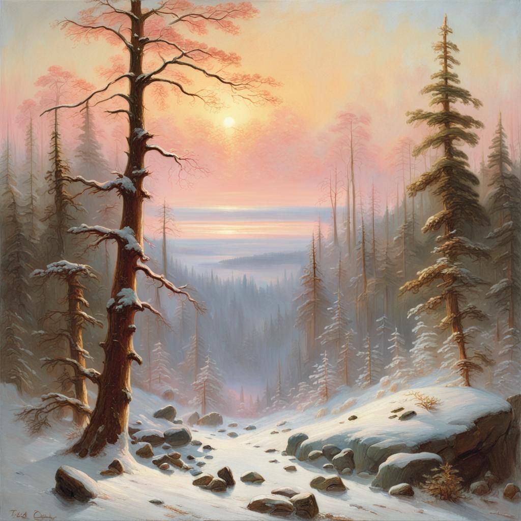 Snowy Forest at Dawn in Style of Landscape Painting