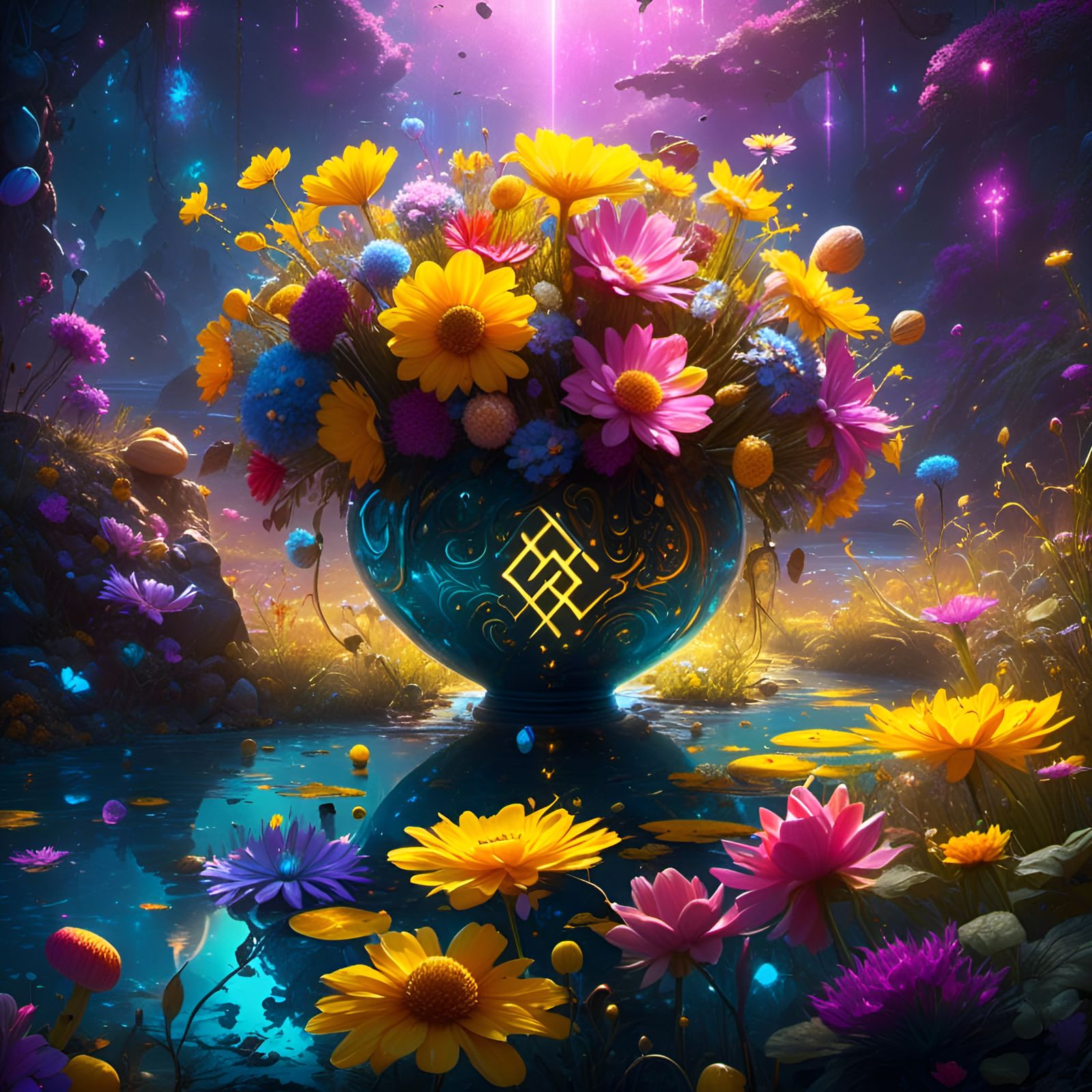 Glowing Runes Vase with Cosmic Flowers