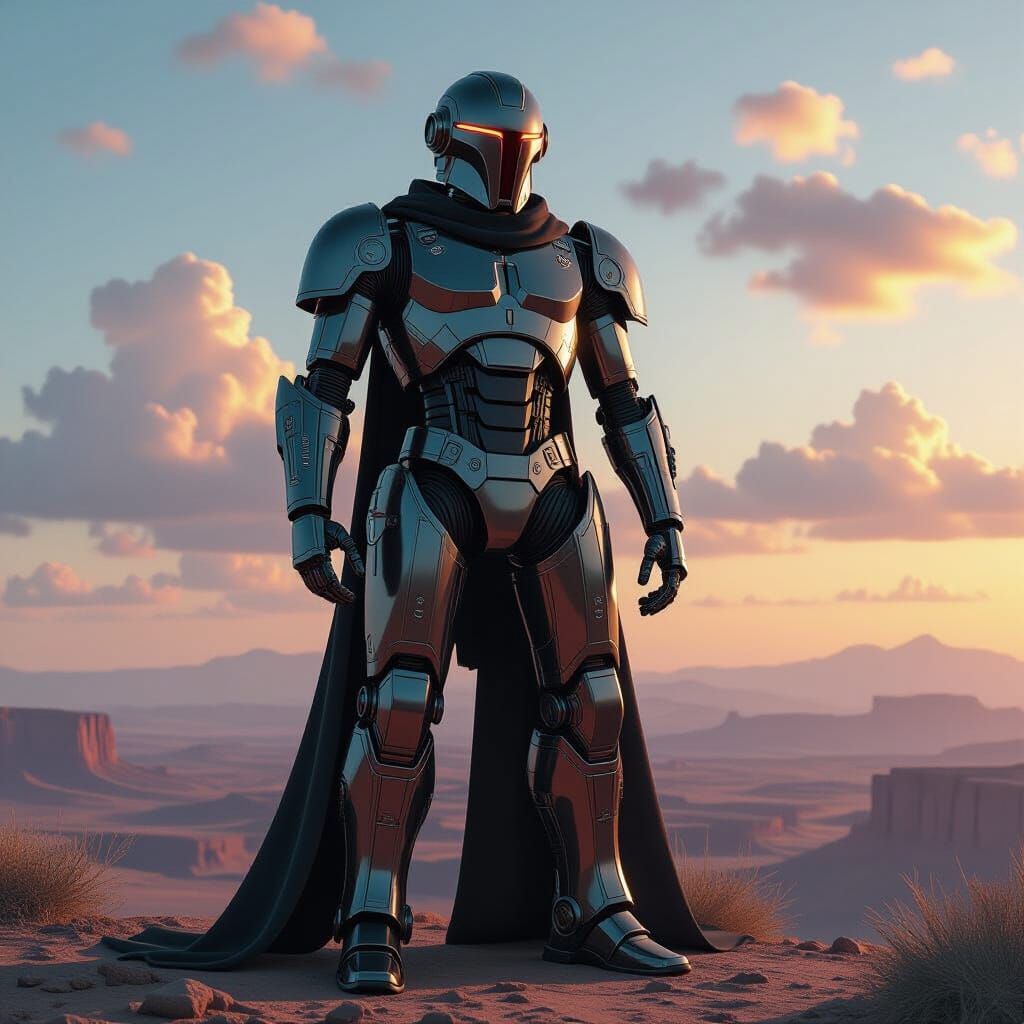 Armored Droid in Panoramic Landscape Digital Painting