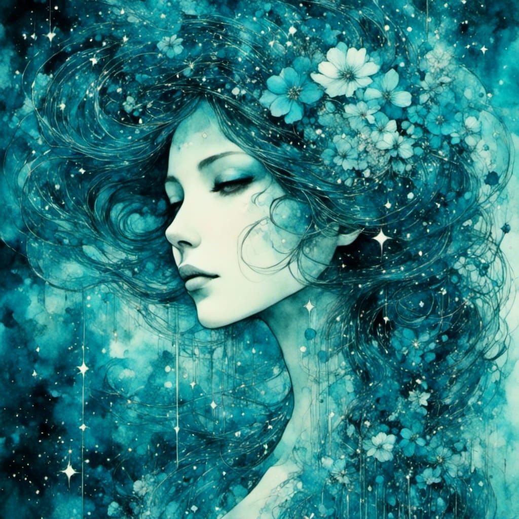 Starry Blue Mind Girl Portrait in Liquid Ink Style