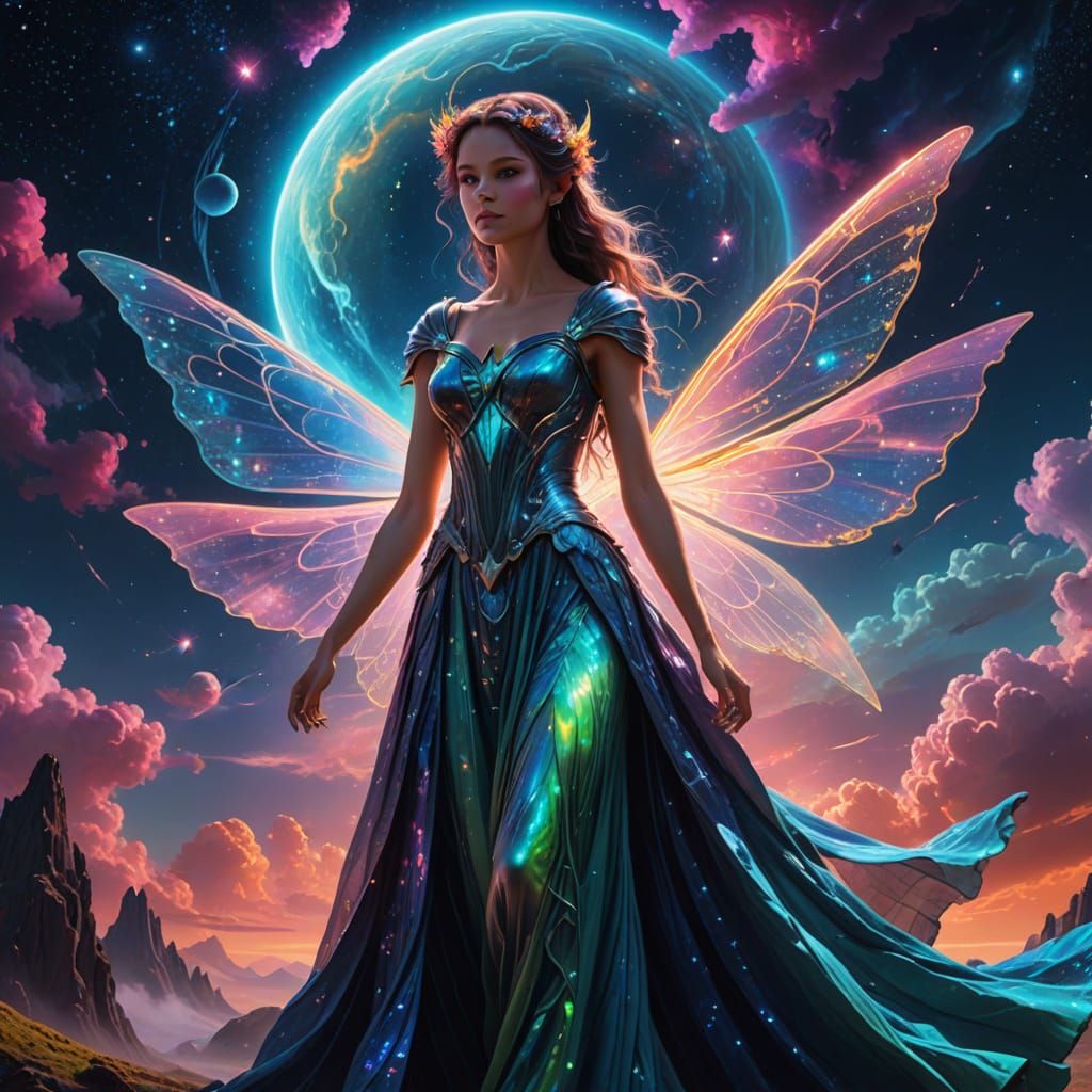 Cosmic Sci-Fi Fairy on Planet in Neon Colors