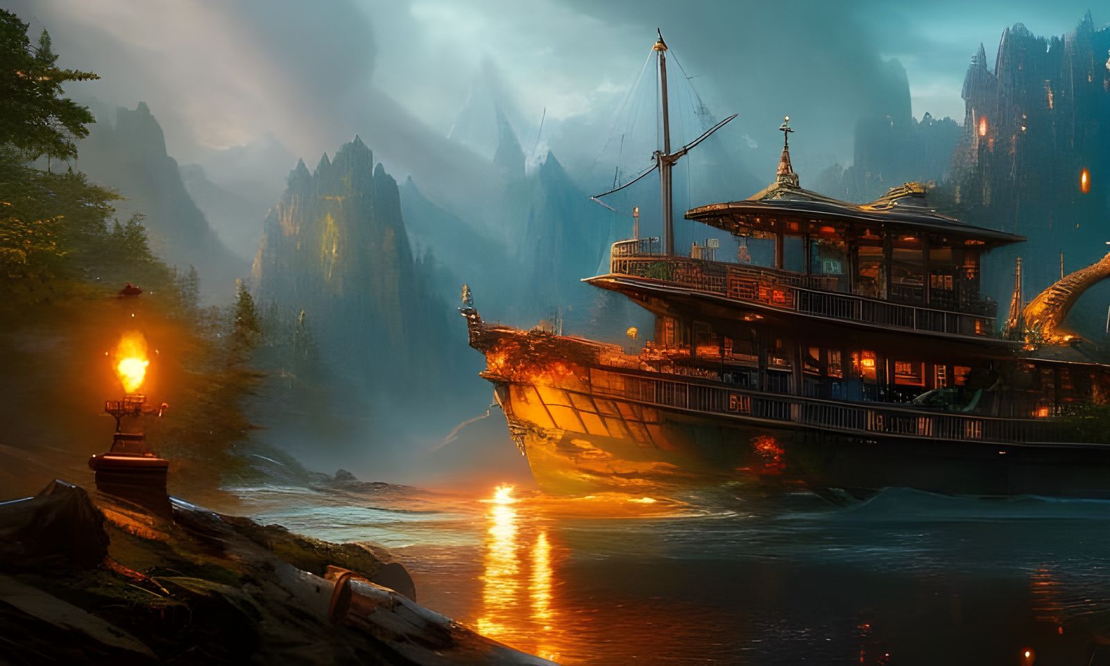 Steampunk Riverboat on Prehistoric River: Digital Matte Pain...