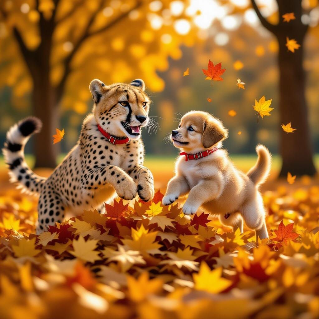 Cheetah and Golden Retriever Play in Autumn Leaves