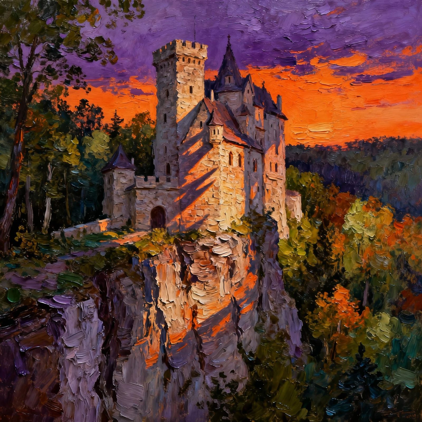 Fairytale Castle on Cliff Edge in Textured Oil Paint