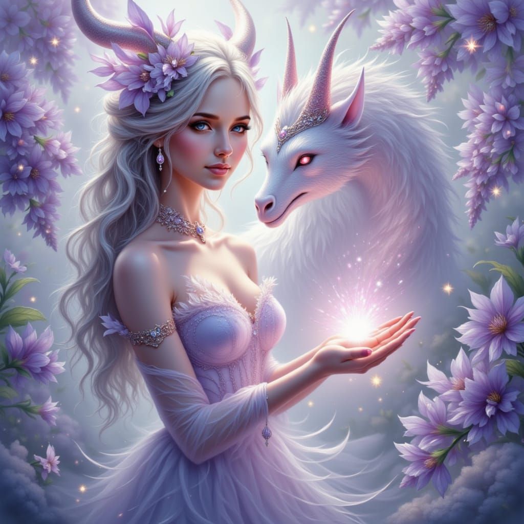 Dragon Sorceress with Sunstone Horns in Mystical Garden