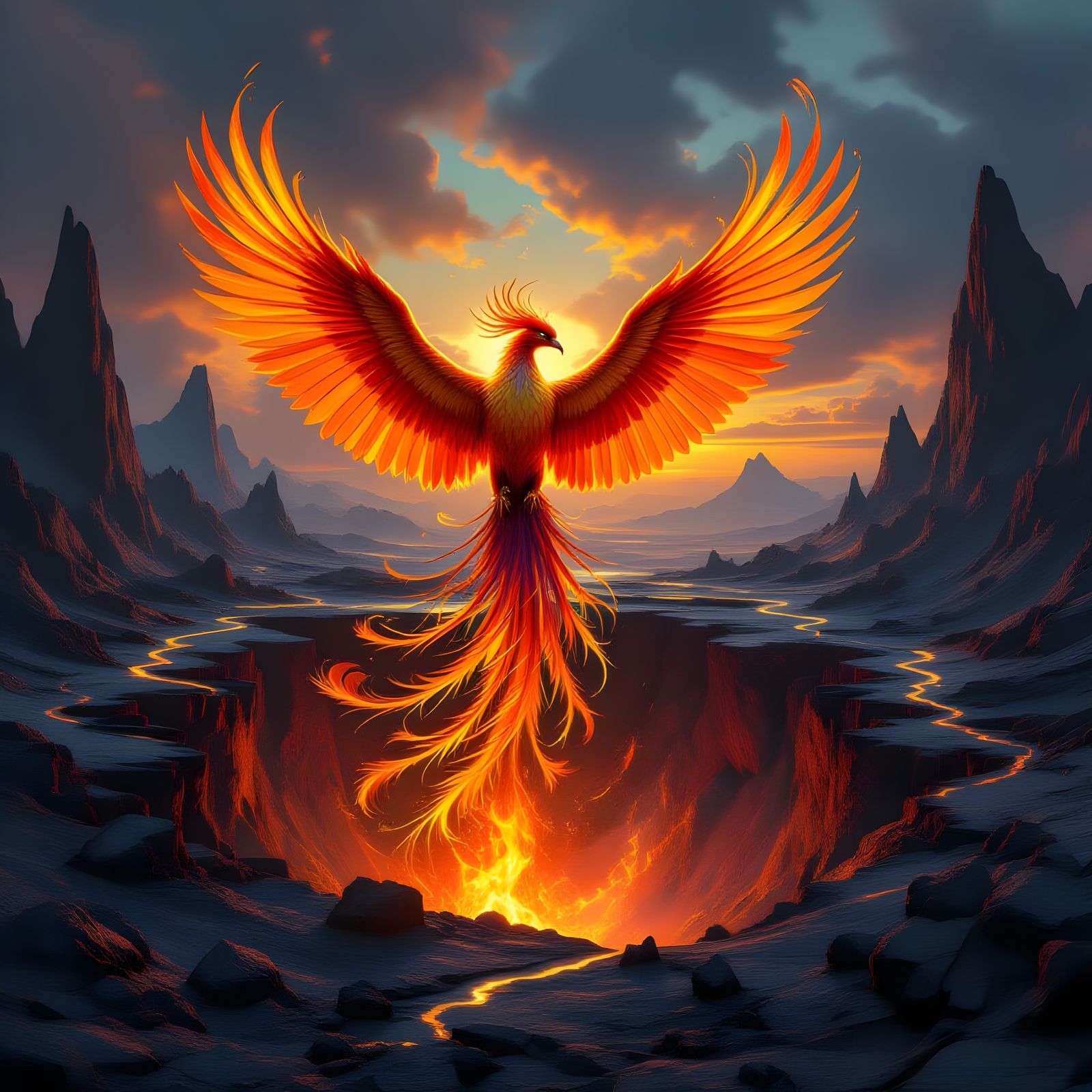Phoenix Rises from Volcanic Crater in Surreal Landscape