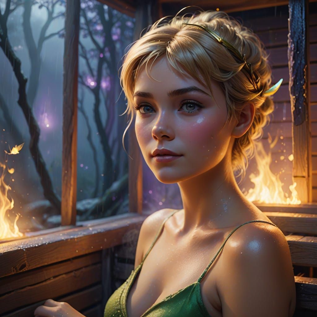 Tinkerbell Relaxing in a Misty Sauna as Oil Painting