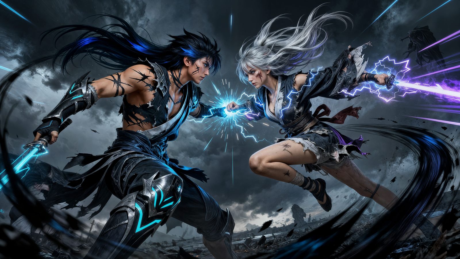 Anime Warriors Clash in Stormy Elemental Battle