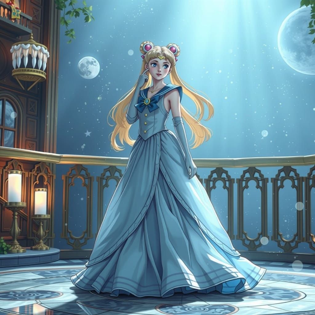 Sailor Moon Contemplates a Dreamy Lunar Scene