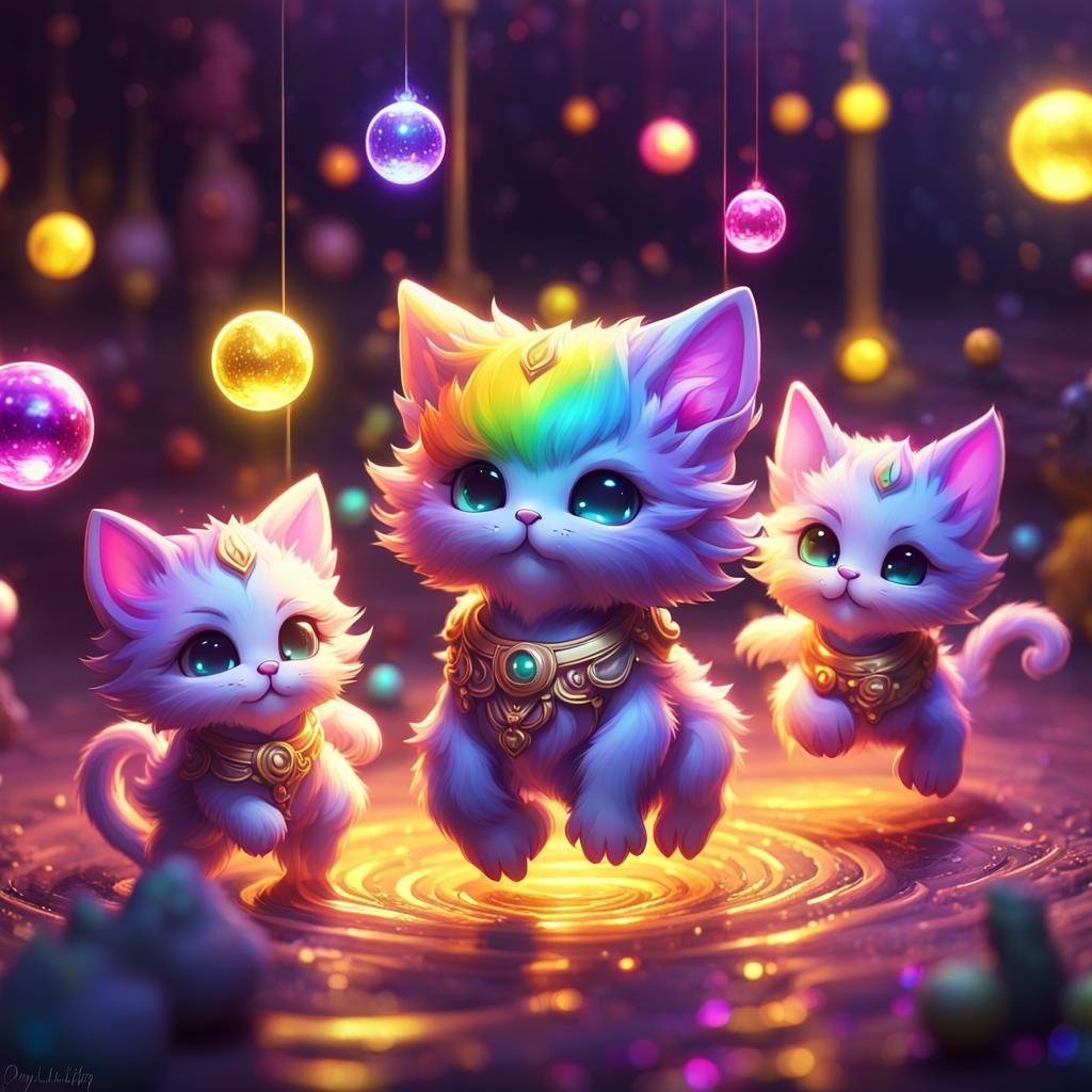 Chibi Kittens Dancing with Rainbow Glow Orbs