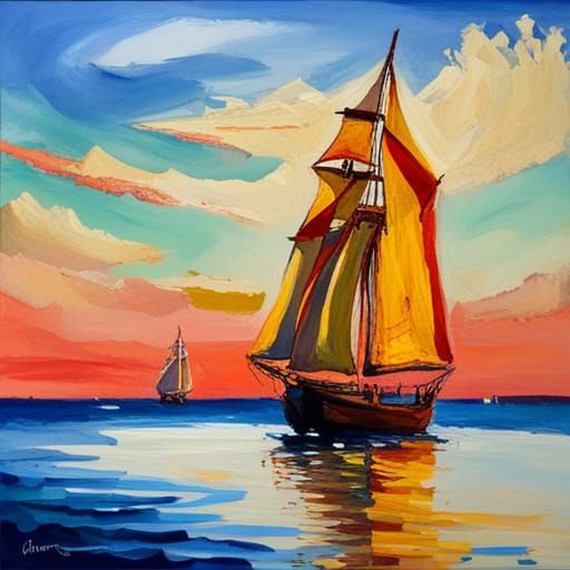 Two Ships Sailing: Gouache and Watercolor Impressionist Pain...