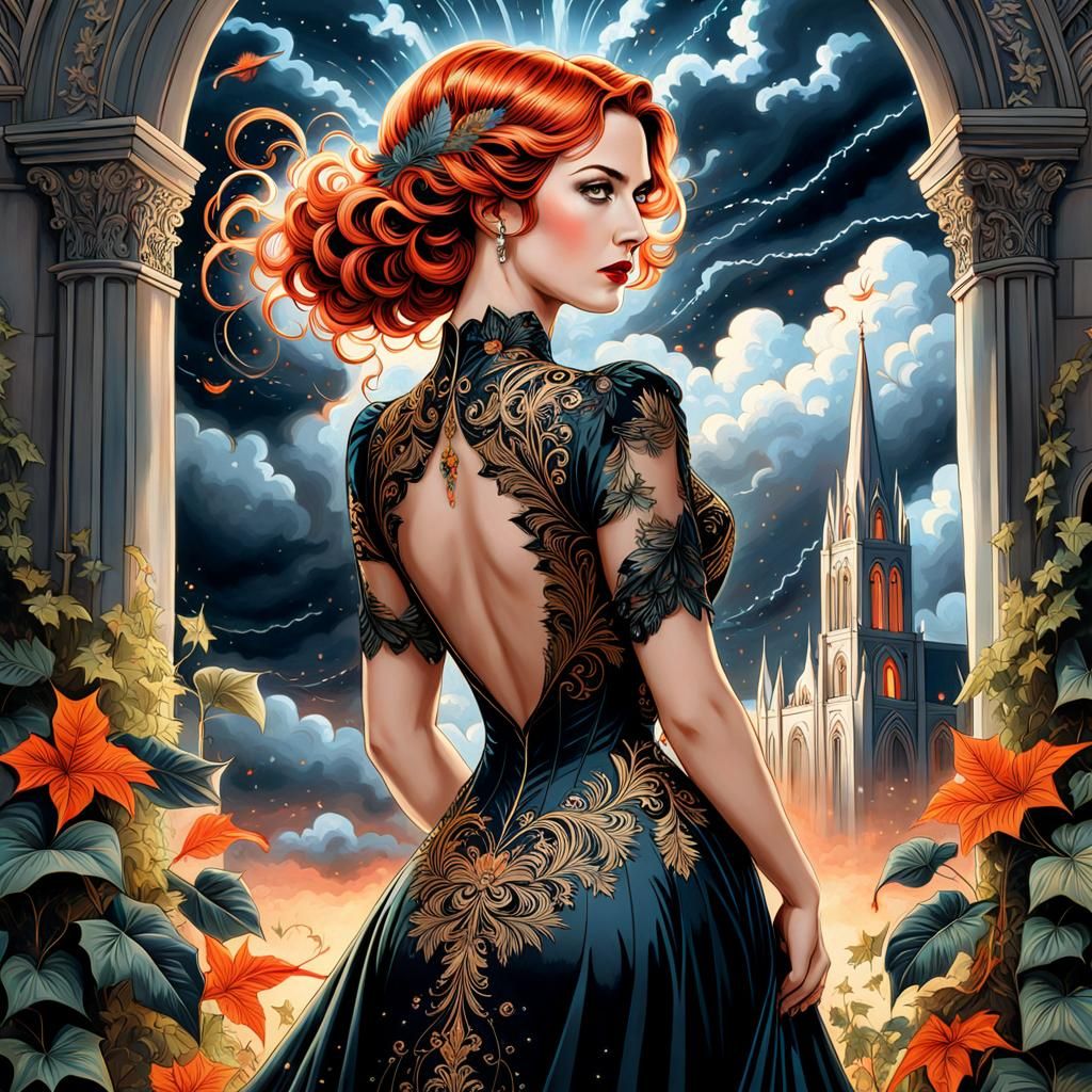 Starry Storm with Woman in Art Deco Style