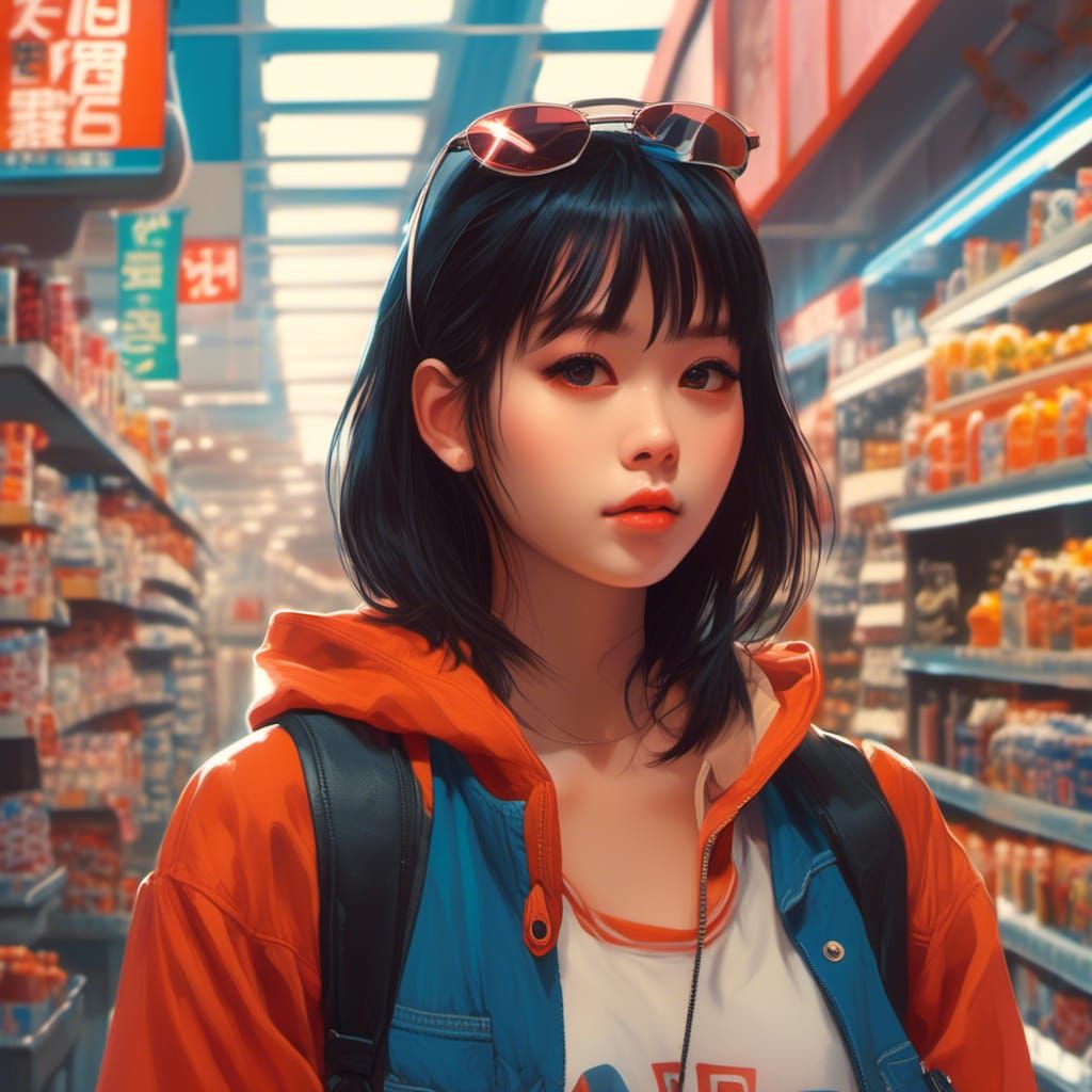 Stylish Girl in Convenience Store: Digital Art