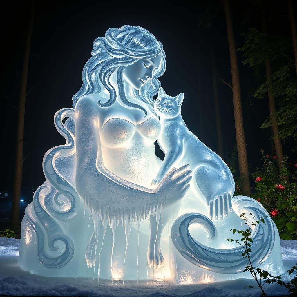 Melting Ice Sculpture of Woman and Cat in Mystical Forest