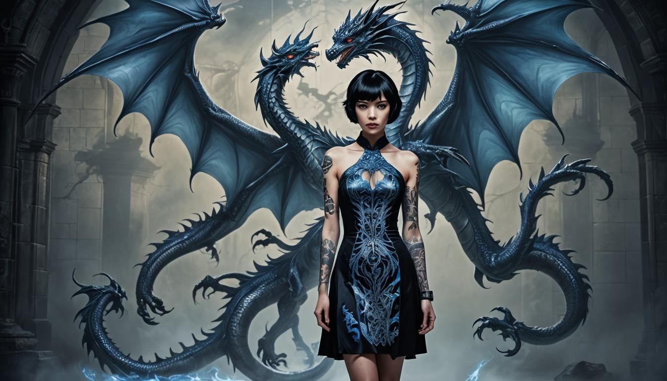 Ebony Woman with Dragon Tattoo in Gothic Setting