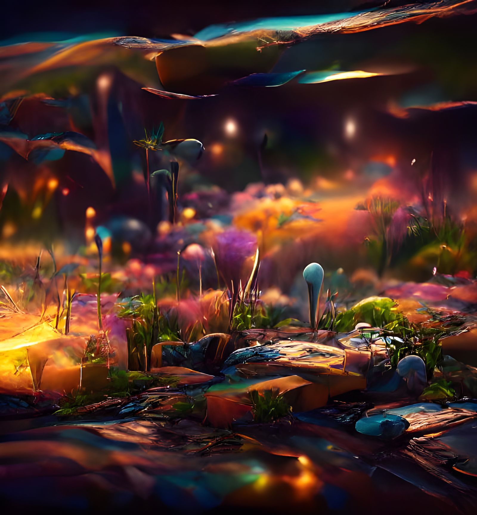 Futuristic Alien Zen Garden Under Cosmic Sky