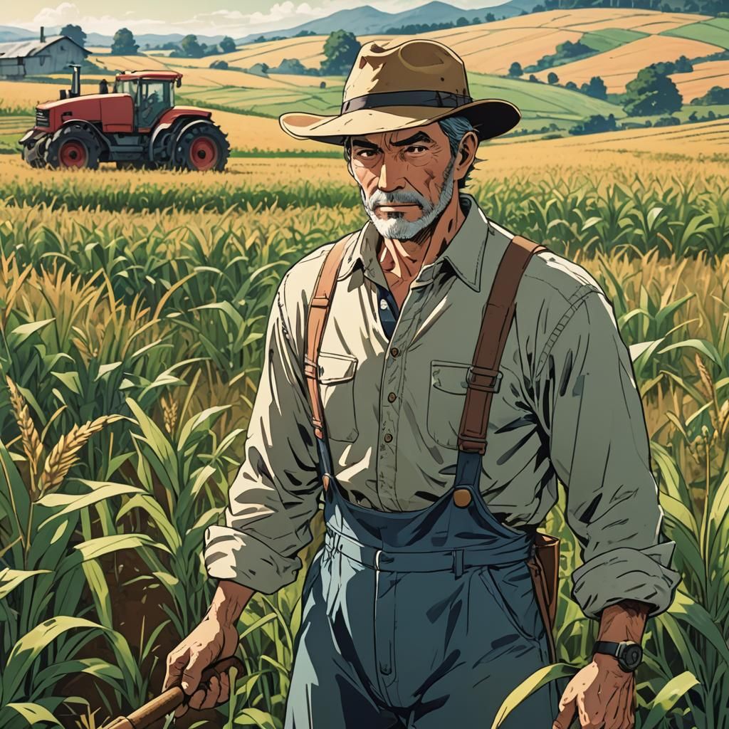 Handsome Farmer in Anime Style Field