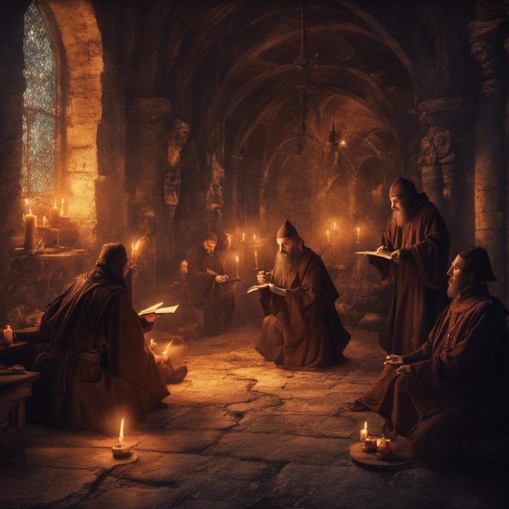 Medieval Monks Scribing History by Candlelight