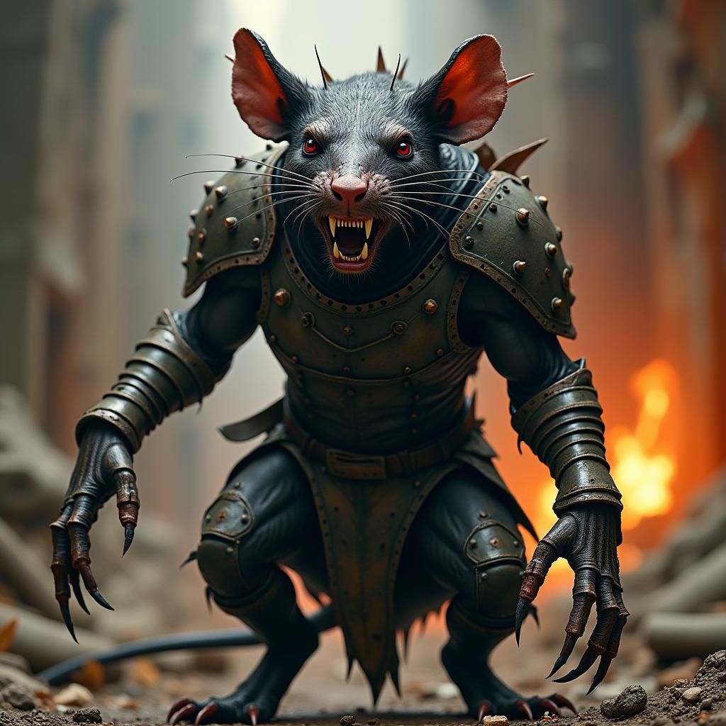 Armored Demonic Rat Hero in Gothic Ruins