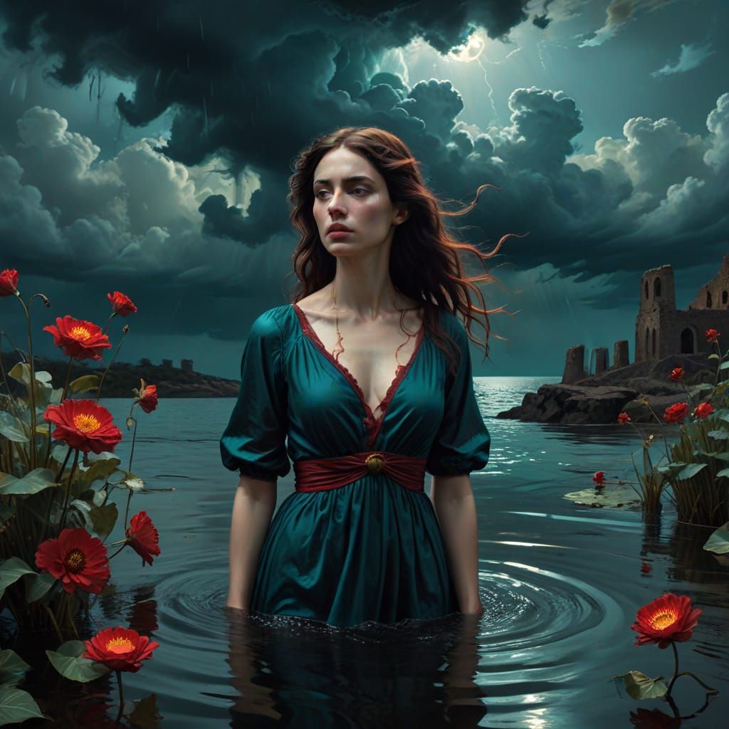 Woman in Stormy Waters: A Chiaroscuro Digital Art