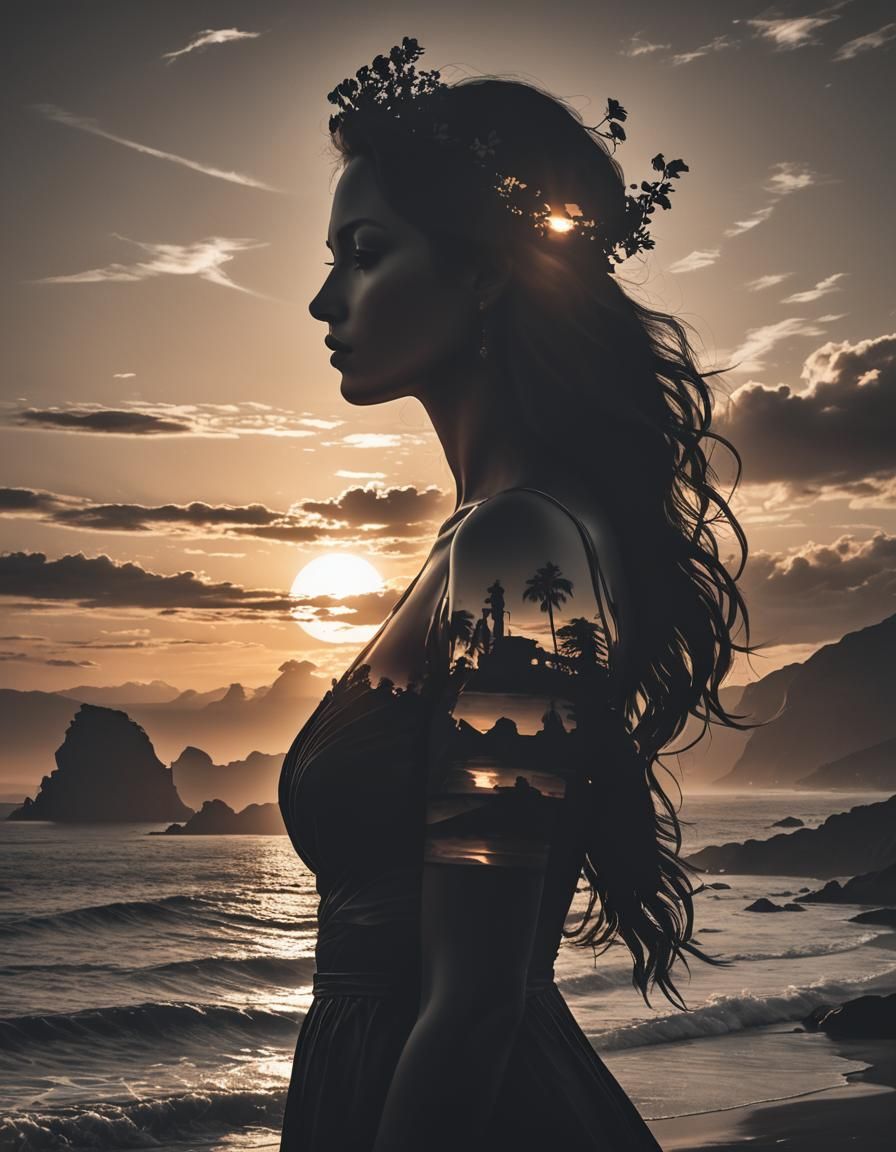 Goddess Silhouette Double Exposure on Sunset Coast