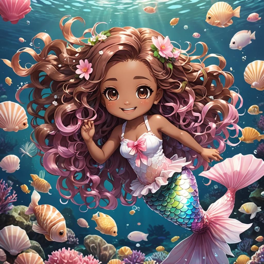 Anime Chibi Mermaid with Pink Iridescent Tail