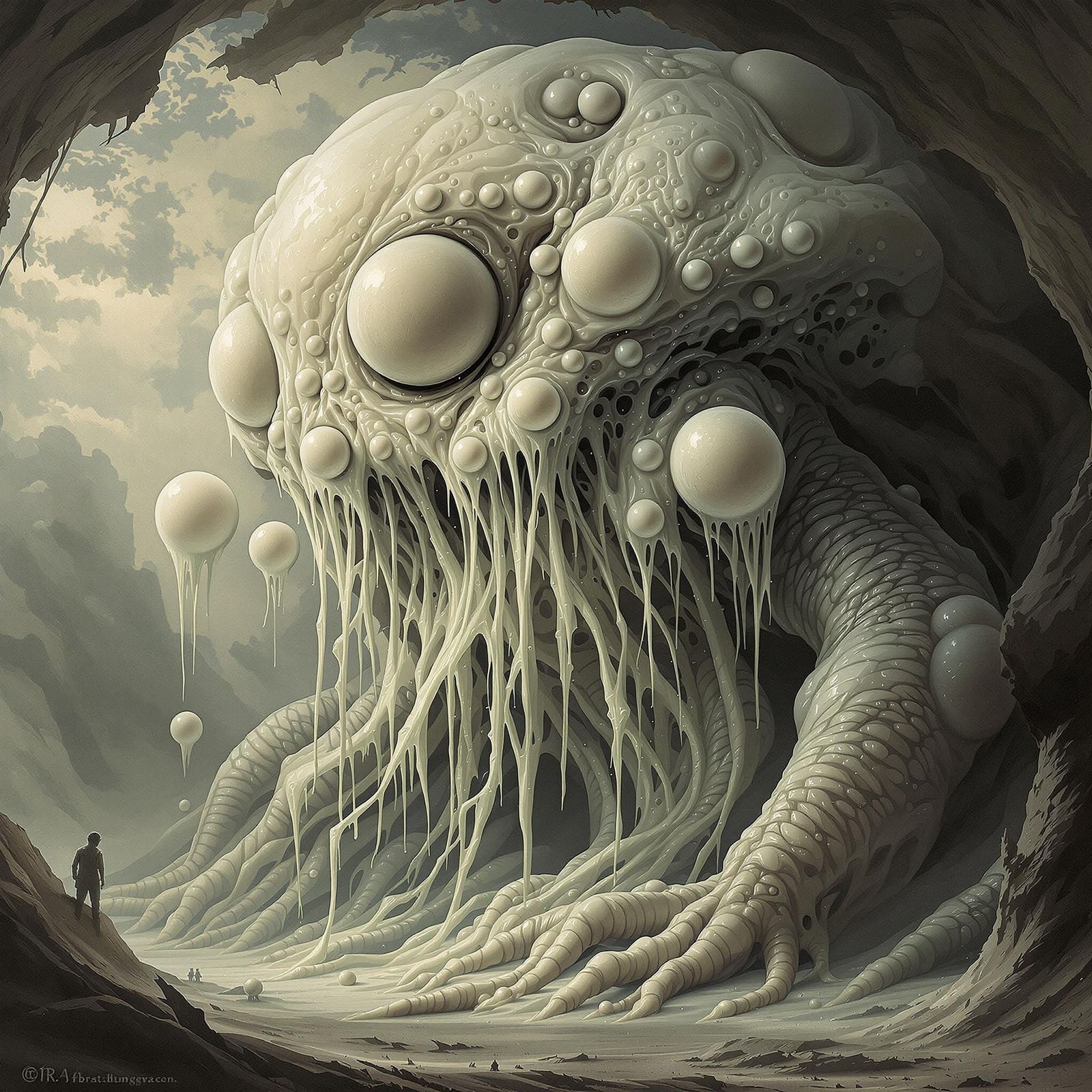 a giant glob monster, blob, gross, spit, slime creature, lots of balls of gloopy glop huge, massive grotesque