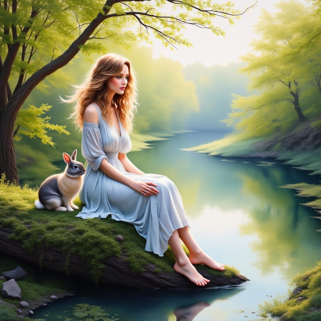 Serene Woman and Rabbit by Tranquil River in Impressionistic...