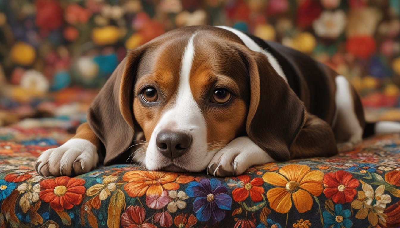 Surreal Beagle Scene in Whimsical Klimt-Inspired Style