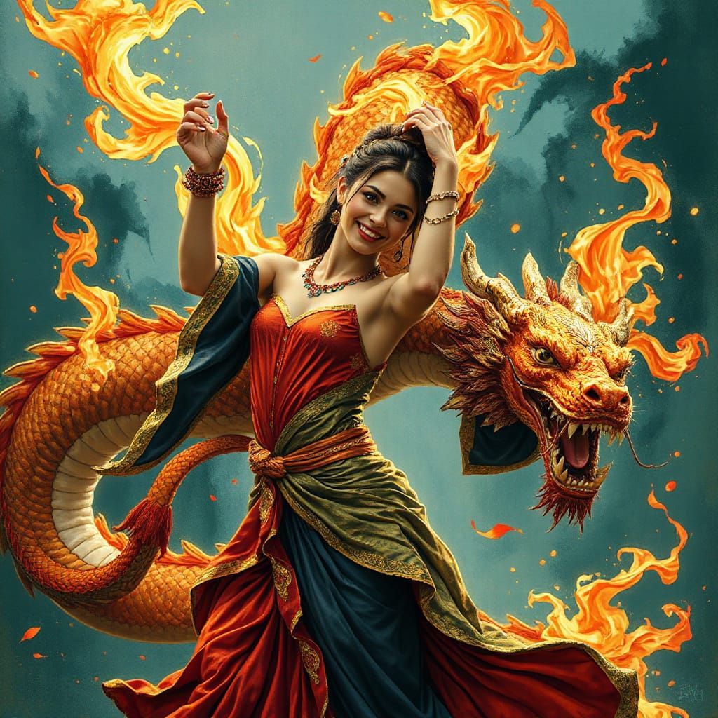 Surreal Dancer Encounters Fire Dragons in Vibrant Oil-Inspir...