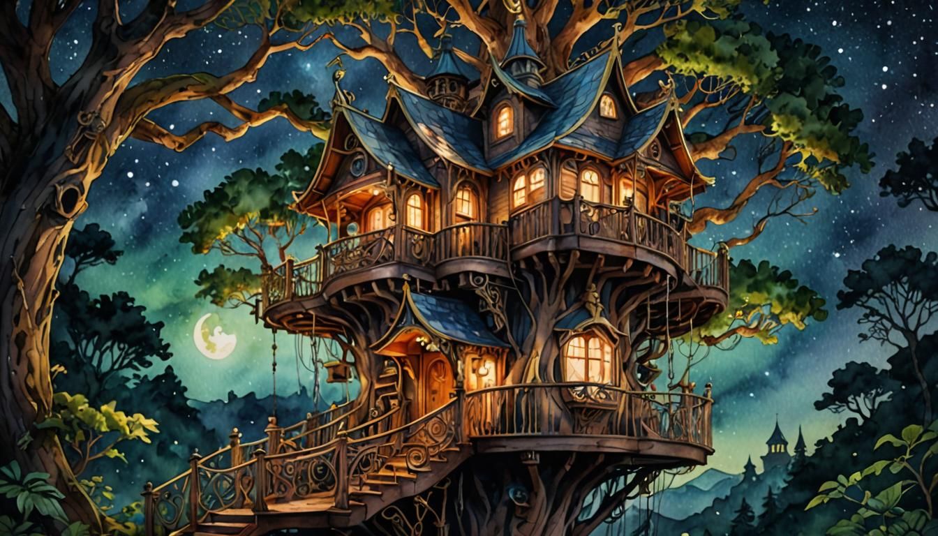 Art Nouveau Treehouse Under Starry Night Sky
