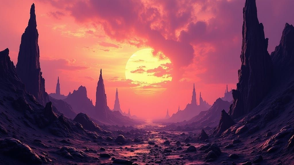 Alien Desert Landscape with Binary Sunset