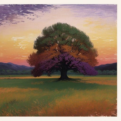 Majestic Tree in Vibrant Sunset Landscape