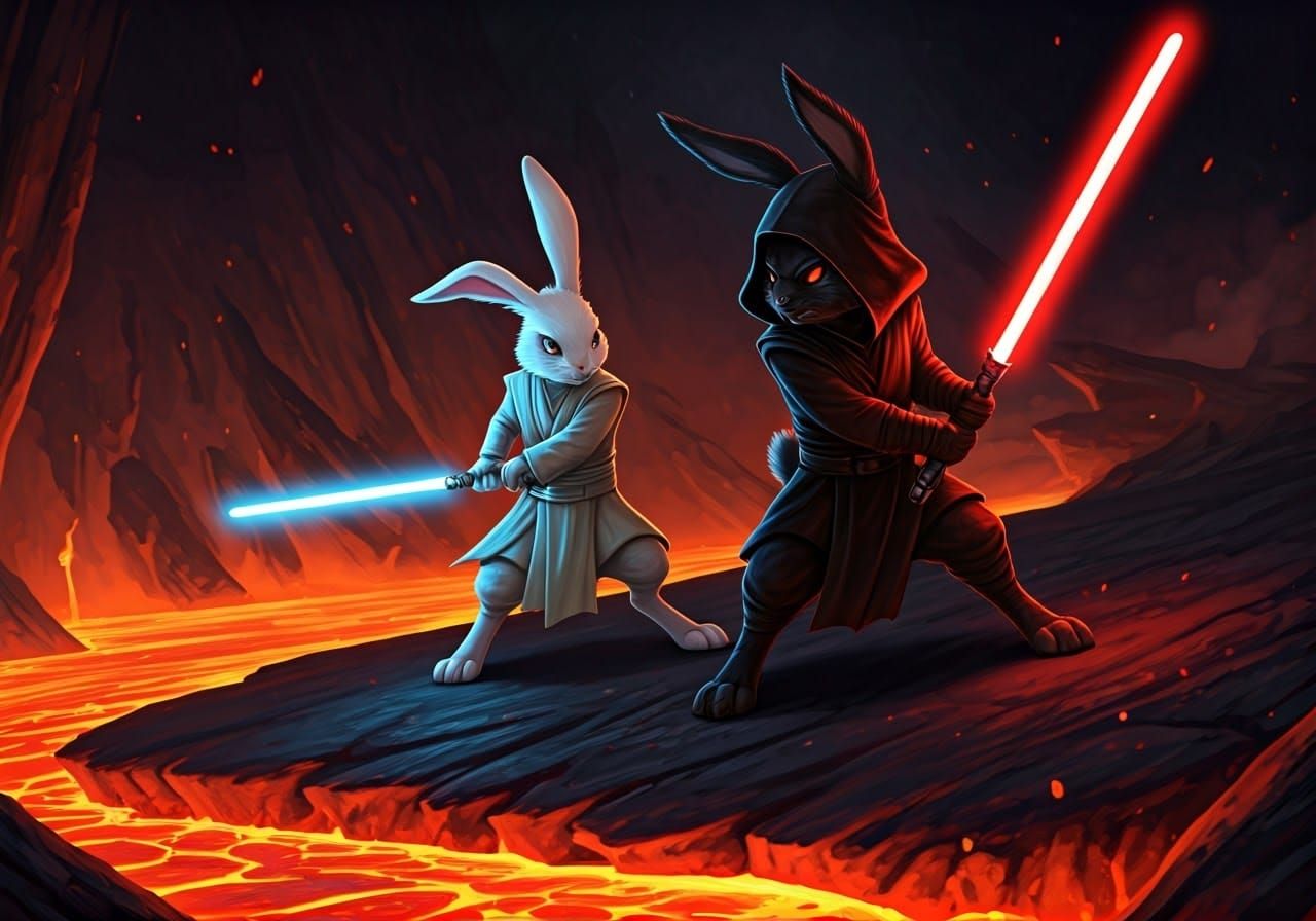 Epic Rabbit Jedi vs Sith Battle in Sci-Fi Style