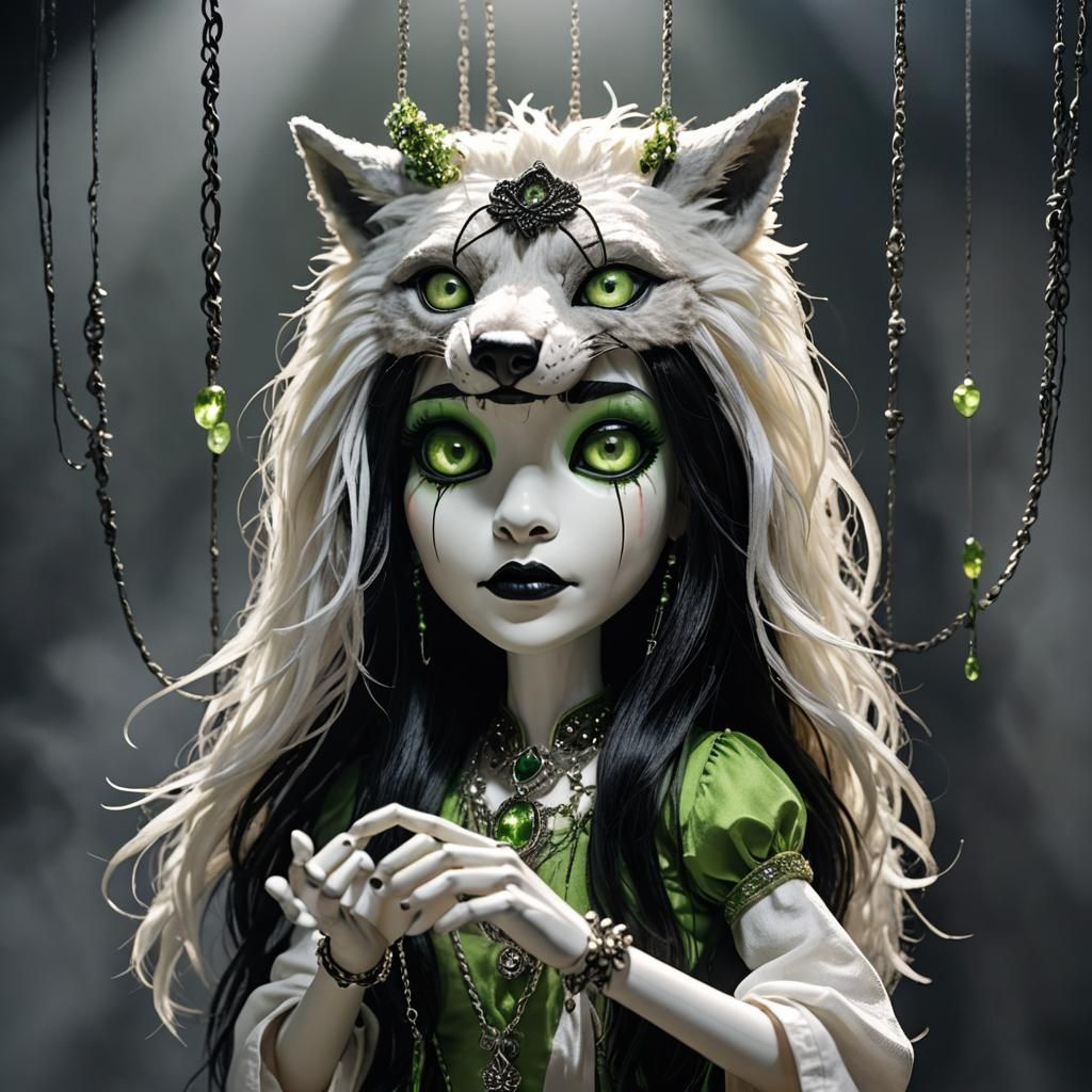 Macabre Voodoo Puppet with Wolf Necklace, Digital Art