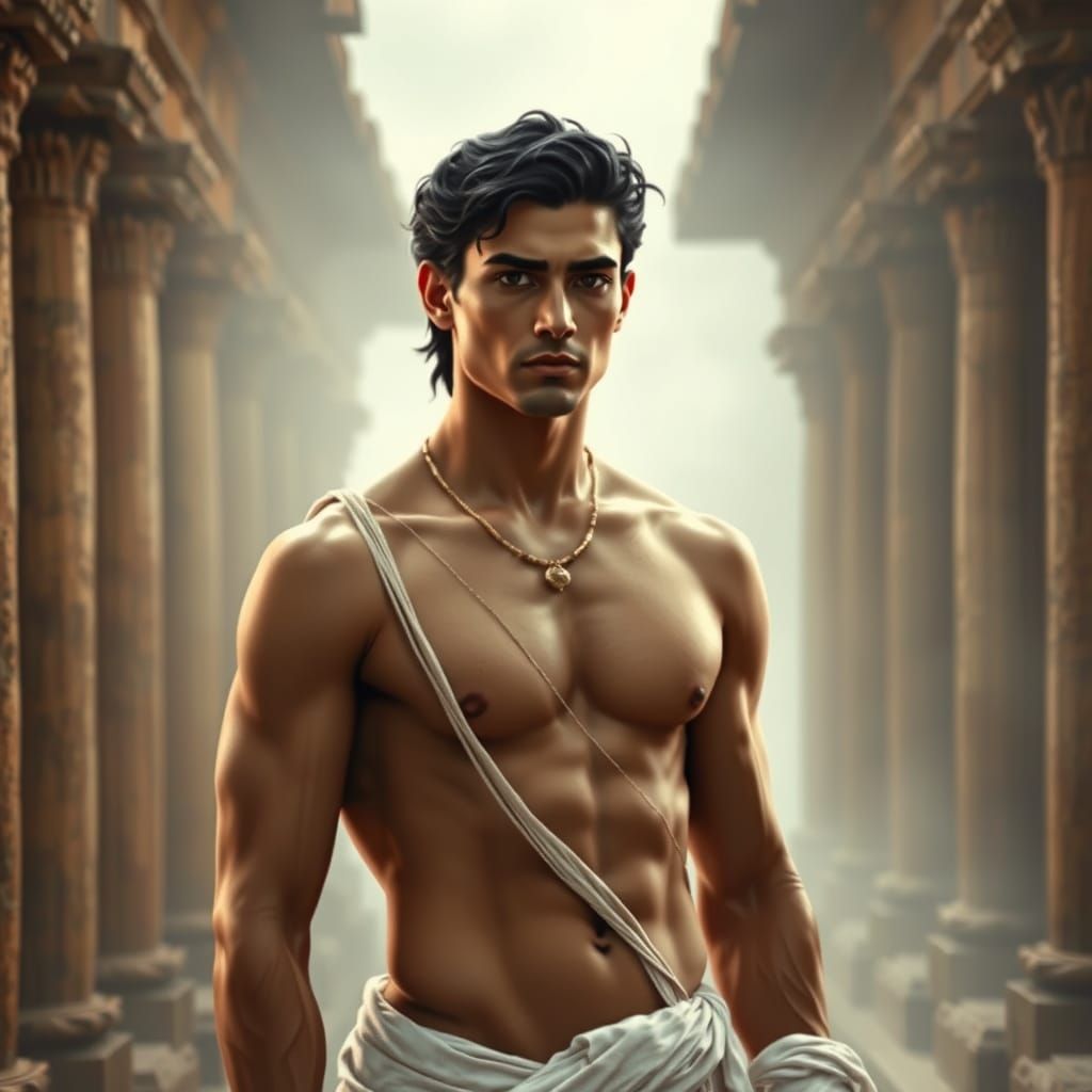 Greek Prince in Ancient Indian Temple Setting