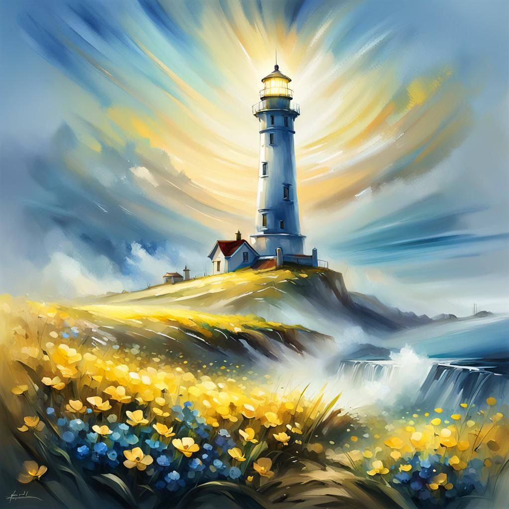 Lighthouse in Fog and Flowers, Fabio Cembranelli Style