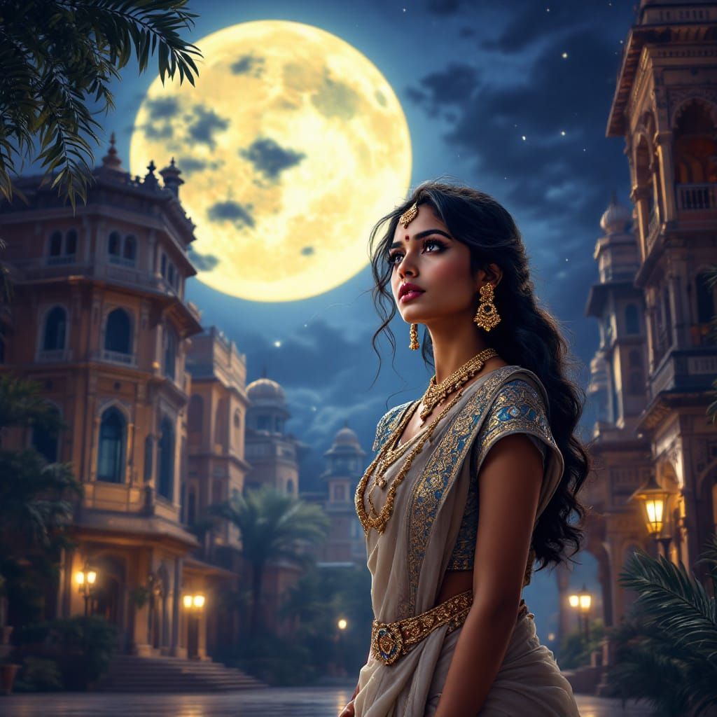 Moonlit Encounter: South Indian Woman at Rajput Estate