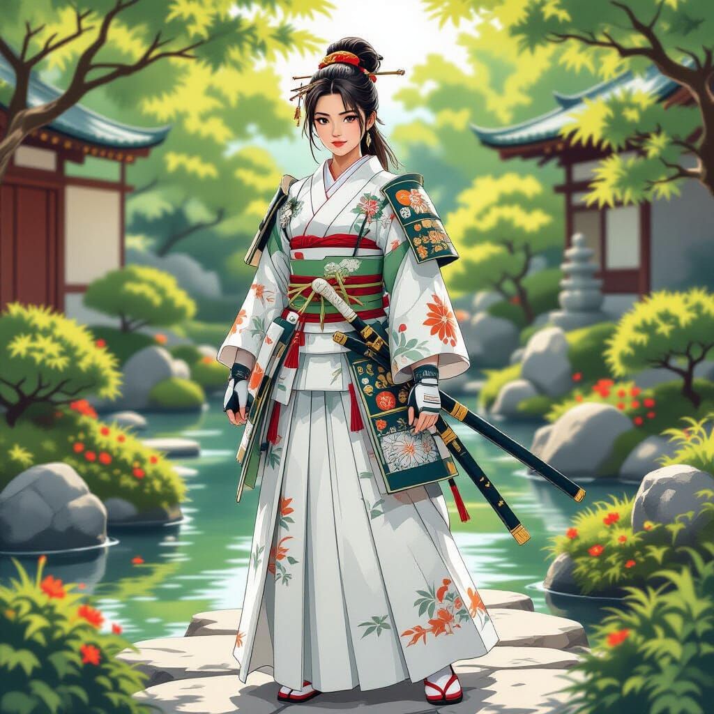 Young Samurai in Japanese Garden, Ukiyo-e Style