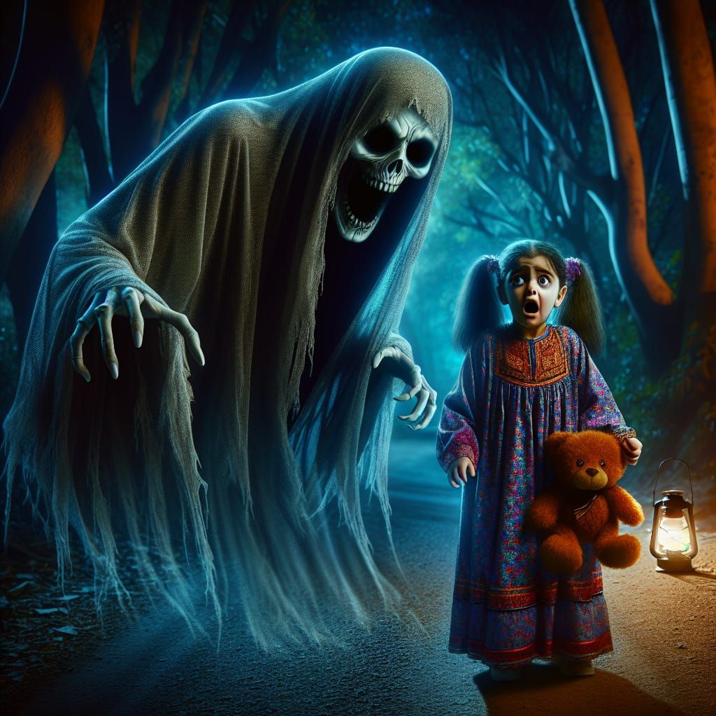 Ethereal Ghost Haunts Child on Shadowy Path